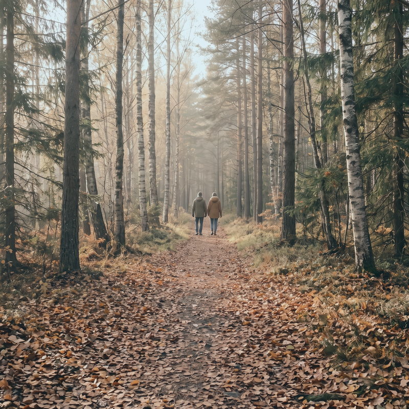 To på tur gjennom bjørkeskogen en høstdag